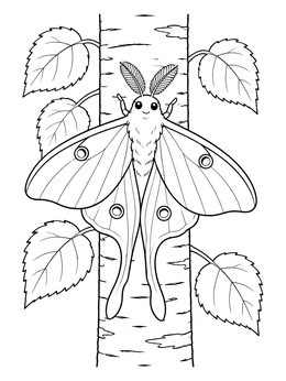 Free printable Cute Luna Moth On Birch Tree coloring page