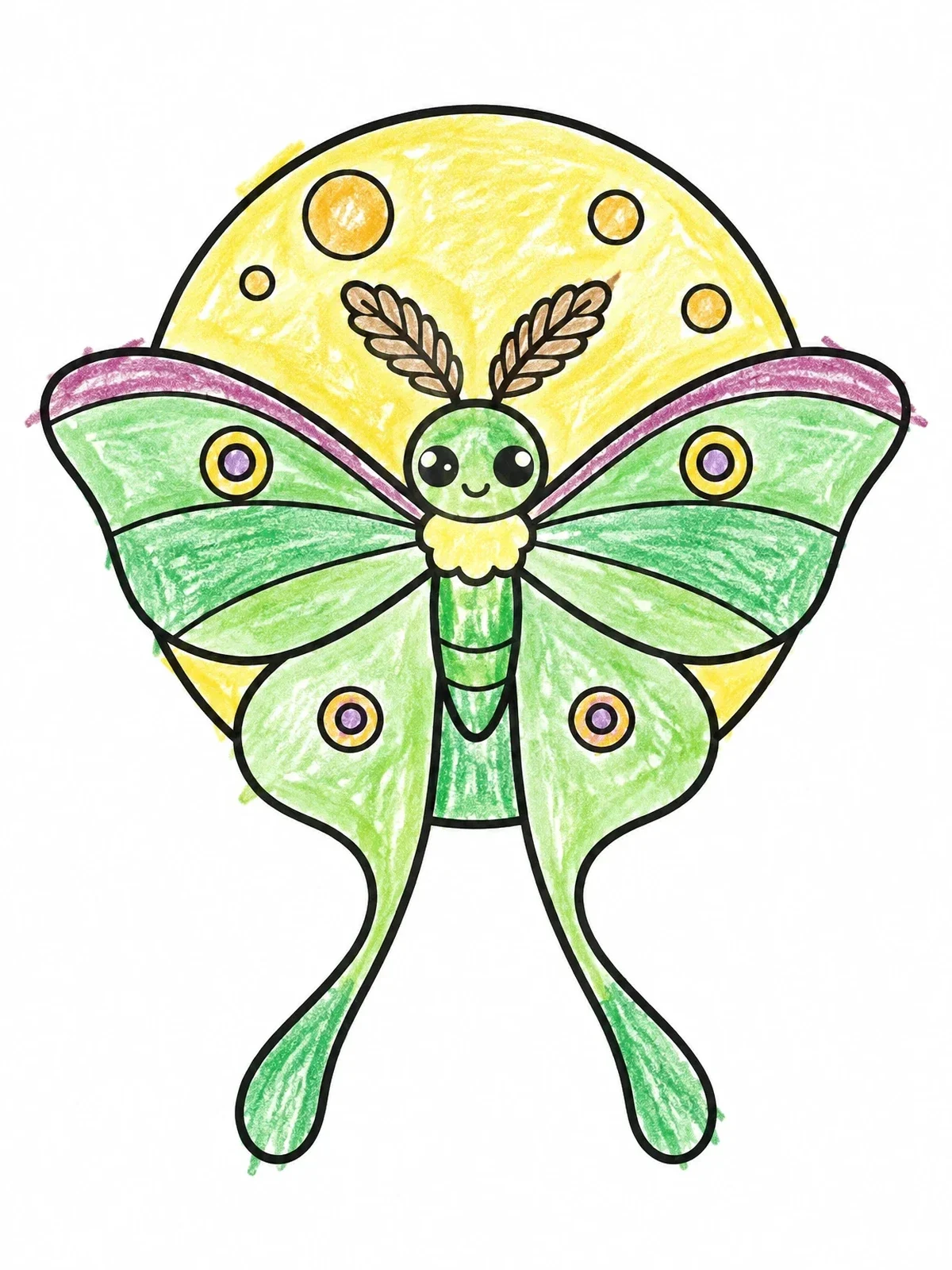 Colored example of the Cute Luna Moth And Full Moon coloring page