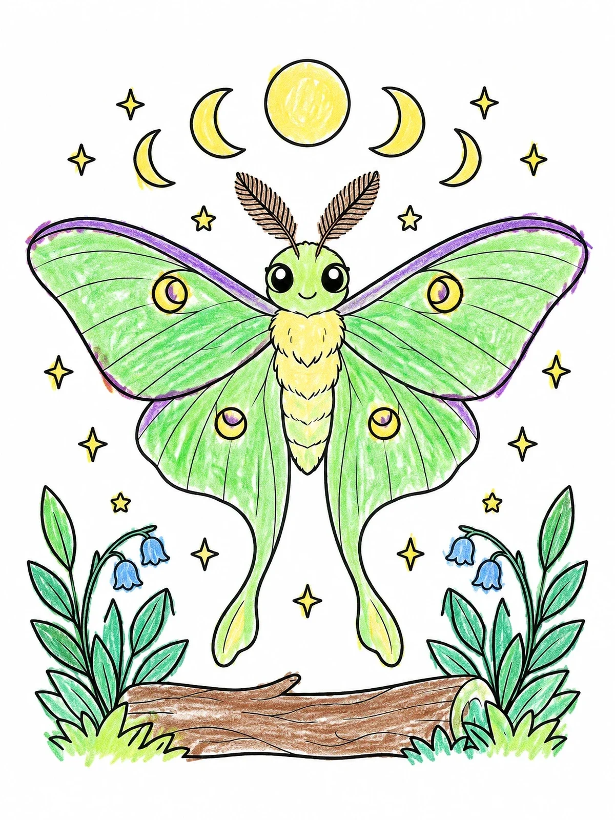 Colored example of the Luna Moth And Moon Phases coloring page
