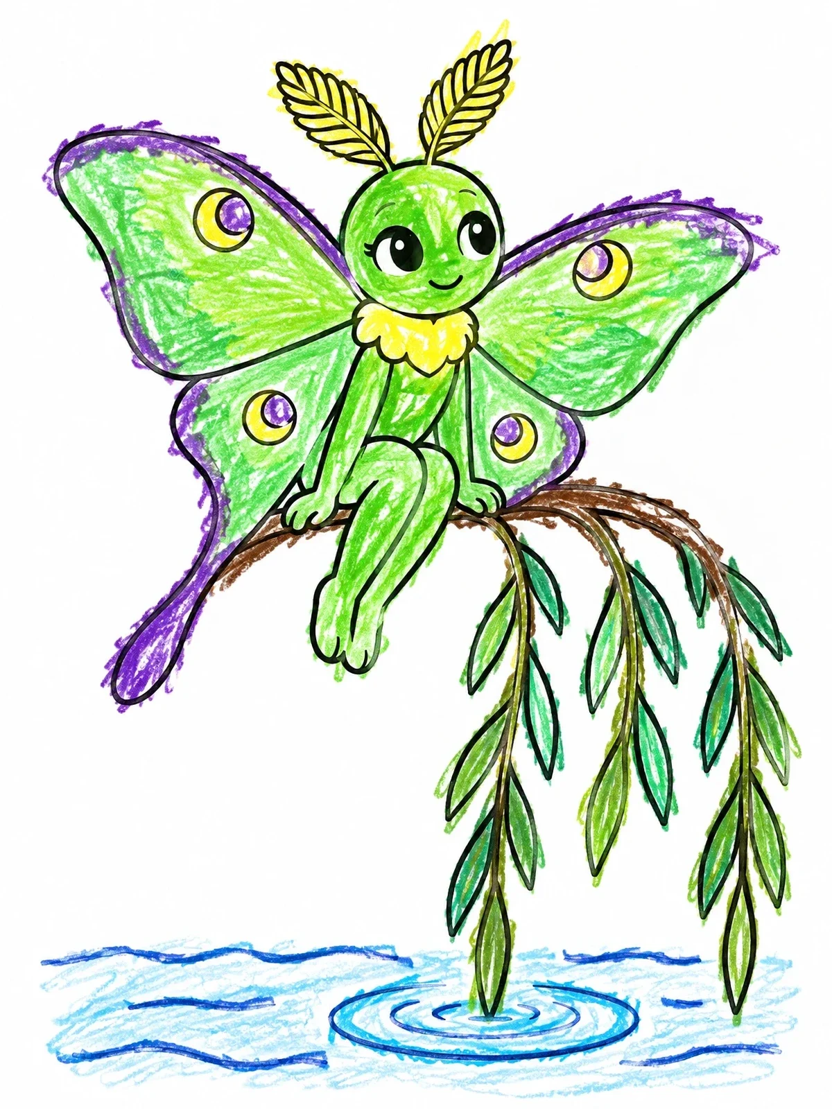 Colored example of the Cute Luna Moth On Willow Branch coloring page