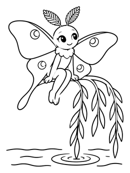 A cheerful cartoon moth coloring page showing a winged moth sitting on a willow stem above water.