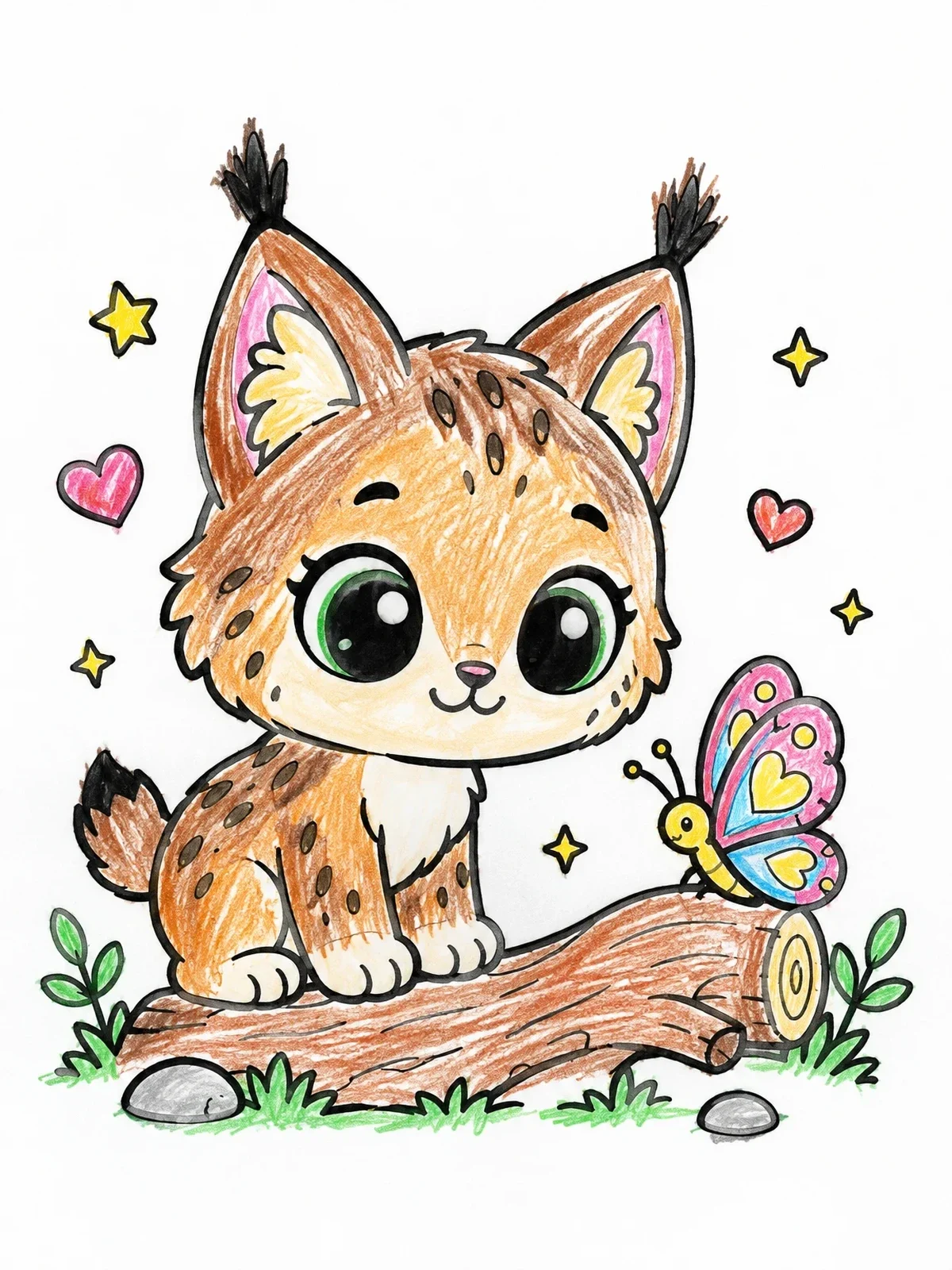 Colored example of the Cute Lynx Cub And Butterfly coloring page