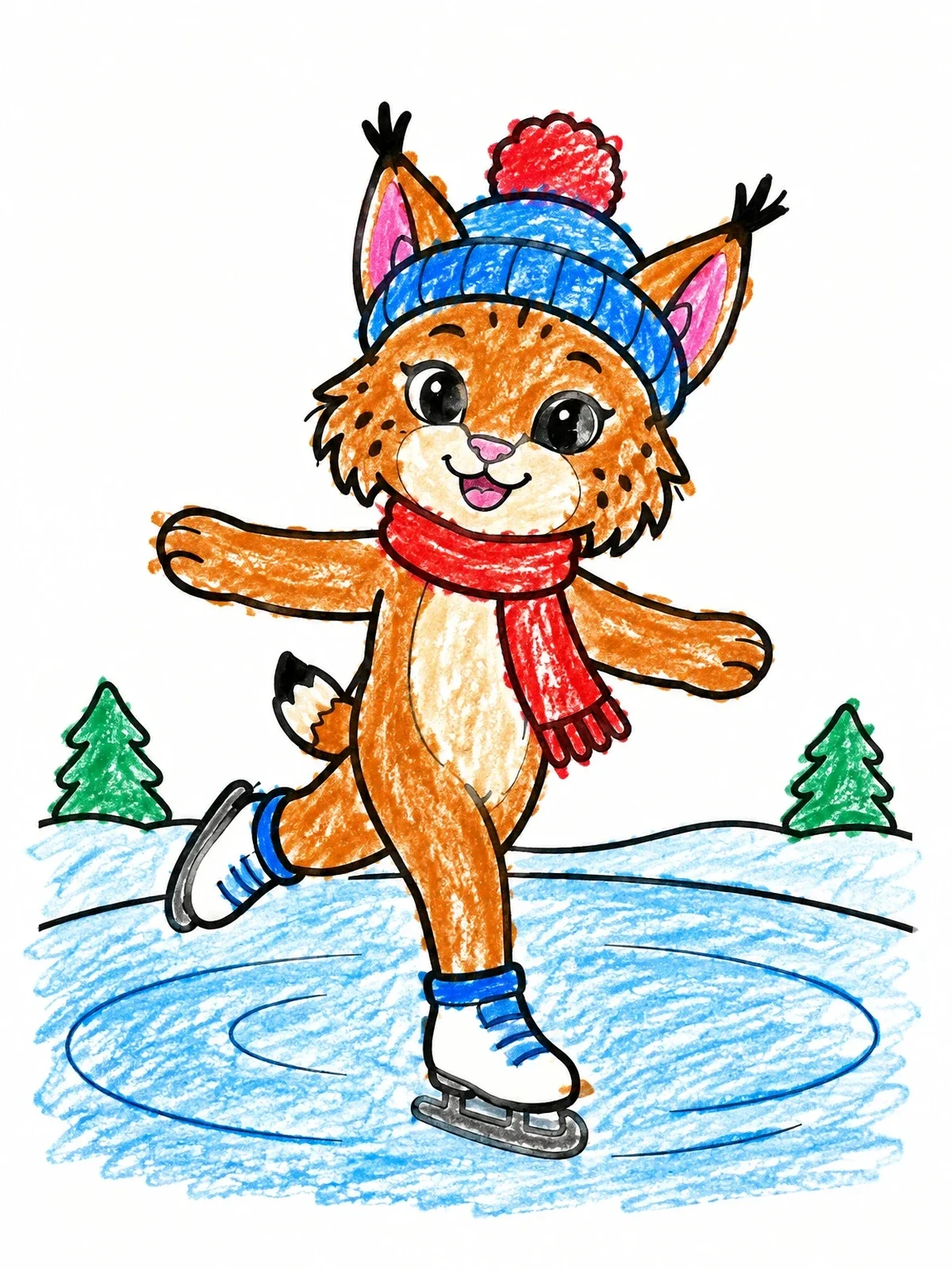Colored example of the Cute Lynx Ice Skating Outdoors coloring page