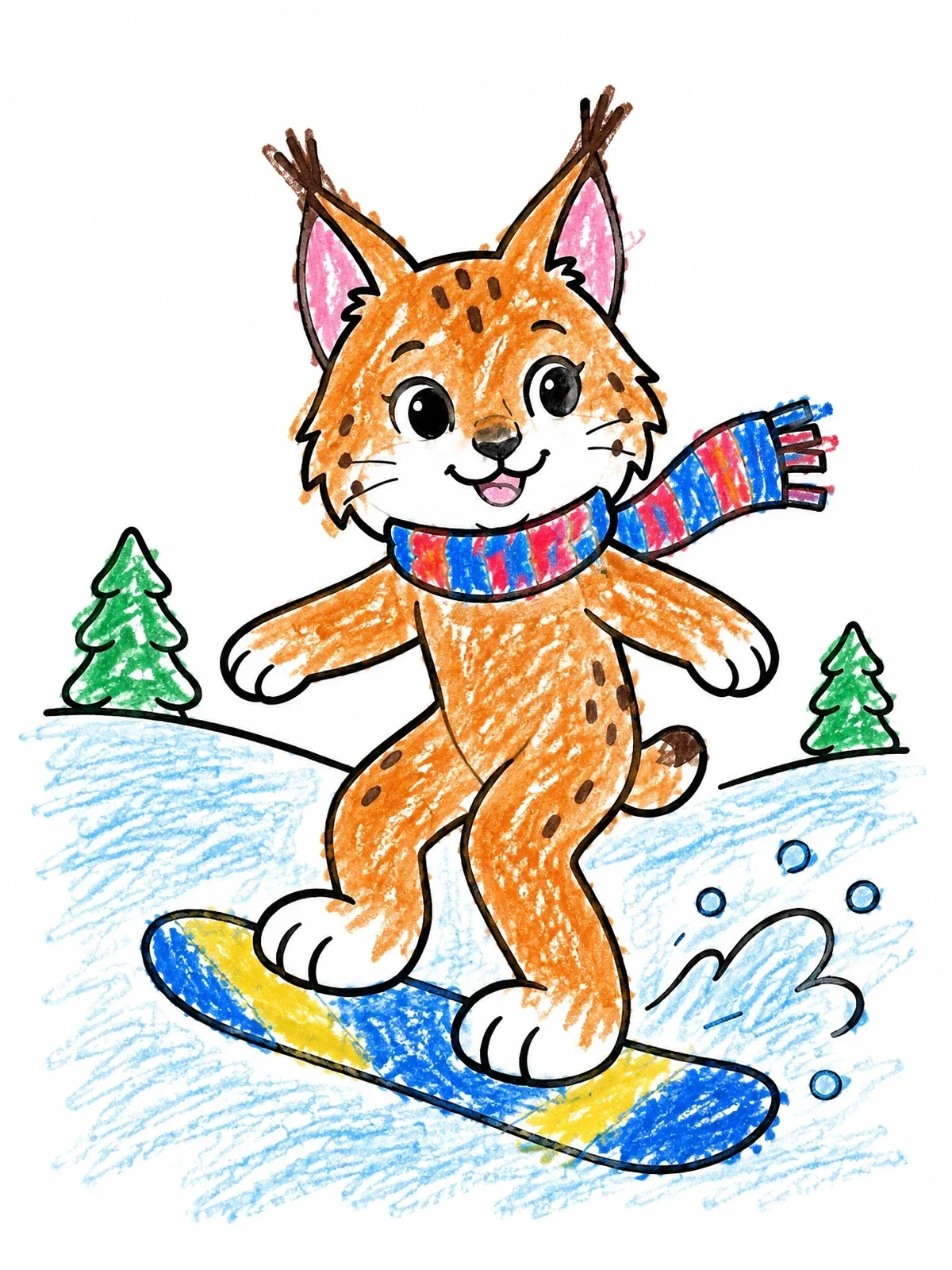Colored example of the Cute Lynx Snowboarding On Winter Hill coloring page