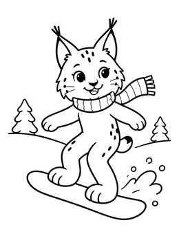 Free printable Cute Lynx Snowboarding On Winter Hill coloring page