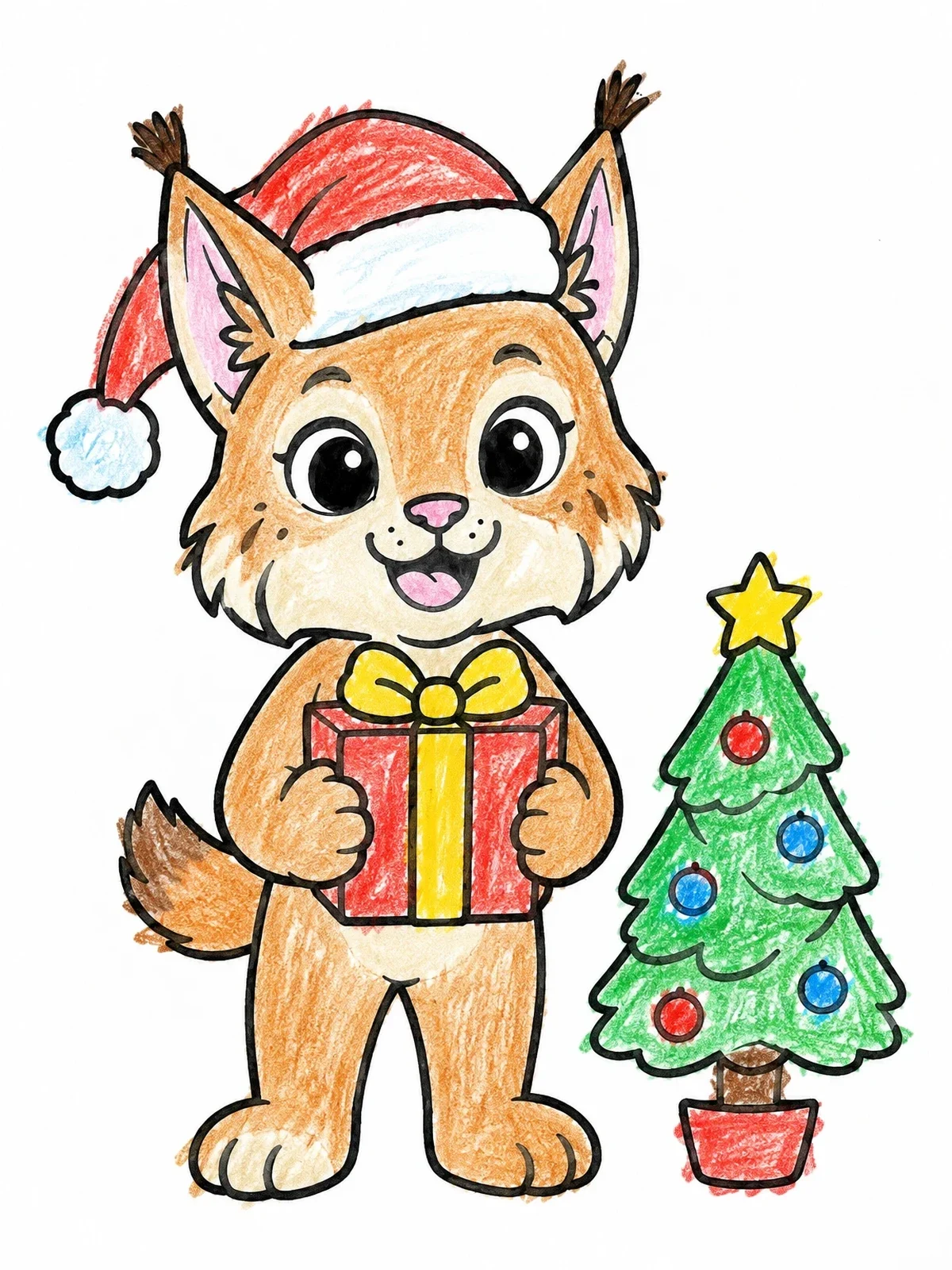 Colored example of the Cute Lynx With Christmas Gift coloring page