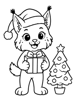 A cheerful cartoon lynx coloring page with a Santa hat holding a wrapped gift beside a Christmas tree.