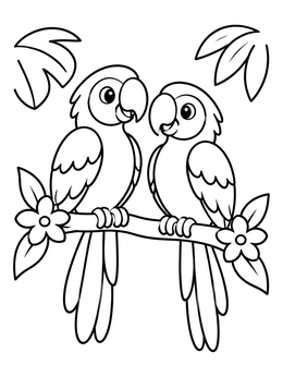 Two cheerful cartoon parrots sit together on a branch in this rainforest coloring page.