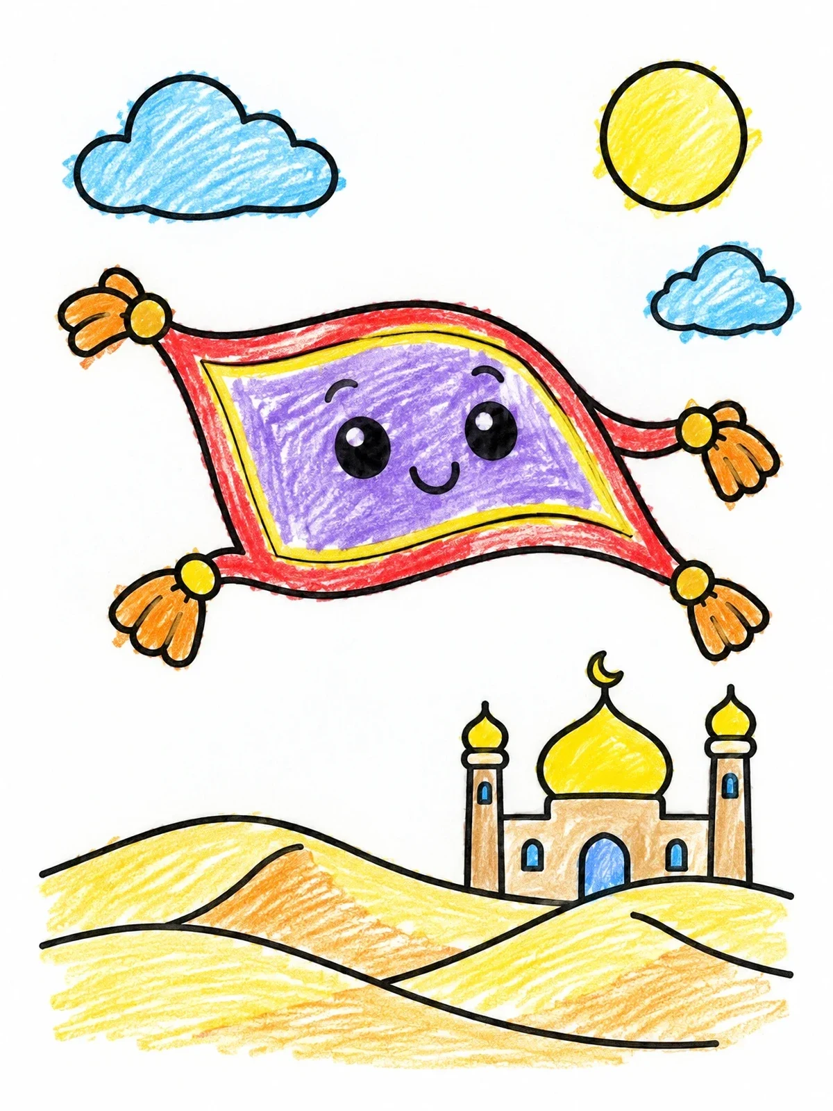 Colored example of the Cute Magic Carpet Over Desert coloring page