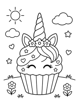 Free printable Cute Magical Unicorn Cupcake coloring page