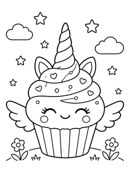 Free printable Cute Magical Unicorn Cupcake coloring page