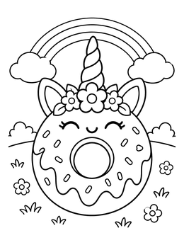 A smiling unicorn donut coloring page under a bright rainbow with clouds and flowers.