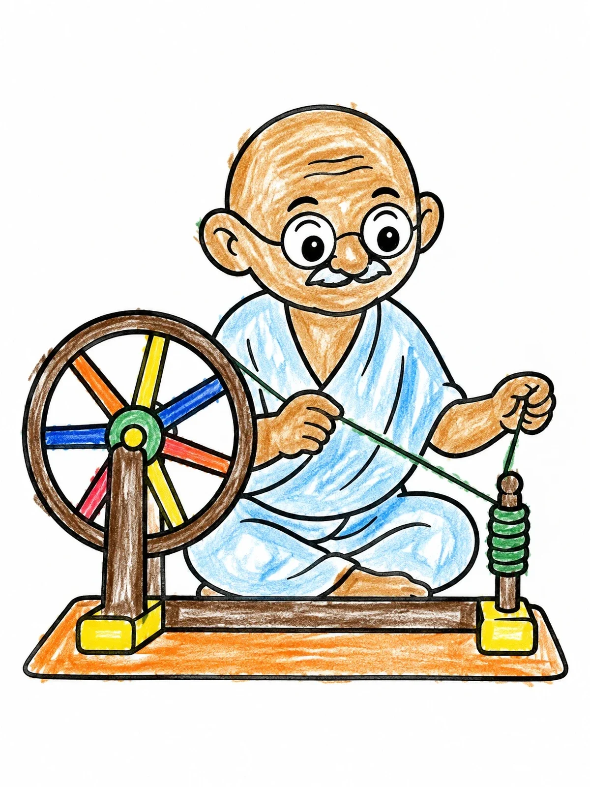 Colored example of the Cute Mahatma Gandhi At The Spinning Wheel coloring page