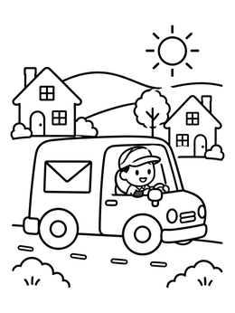 Free printable Friendly Mail Carrier Driving Delivery Truck coloring page