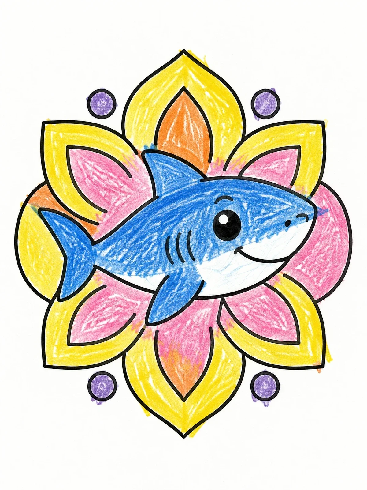 Colored example of the Cute Shark With Flower Mandala coloring page