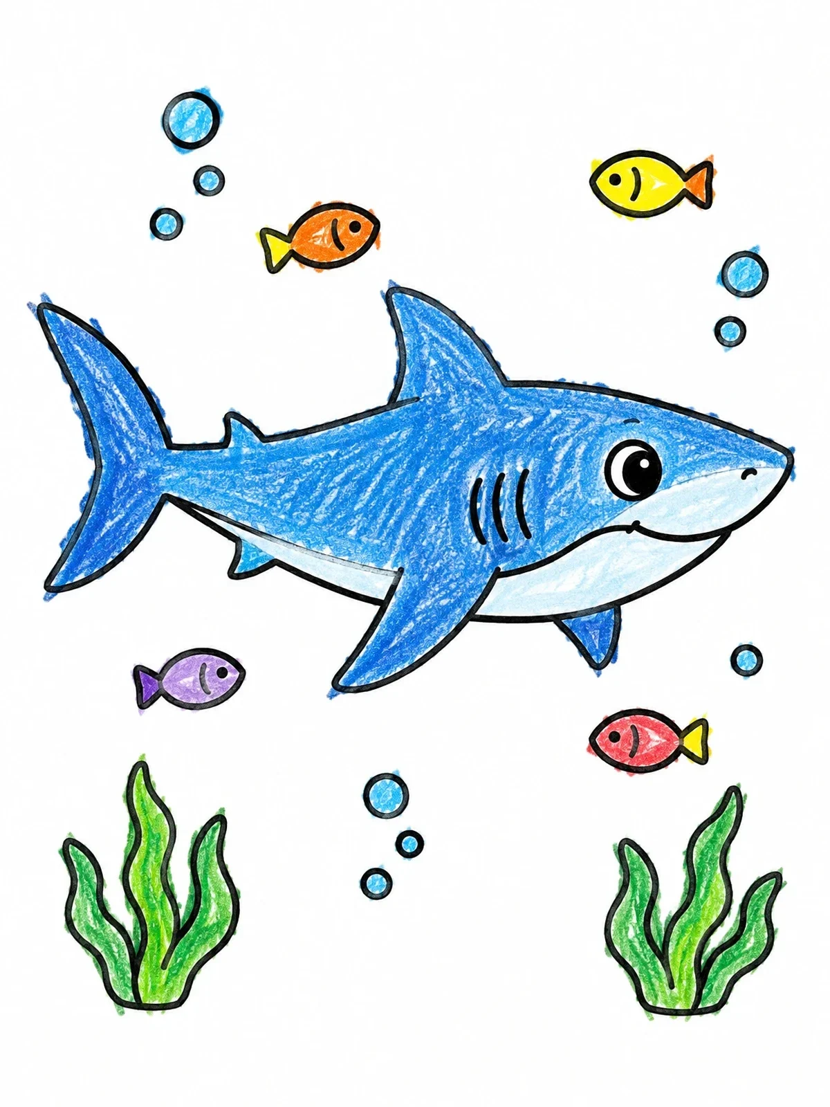 Colored example of the Cute Mako Shark And Little Fish coloring page