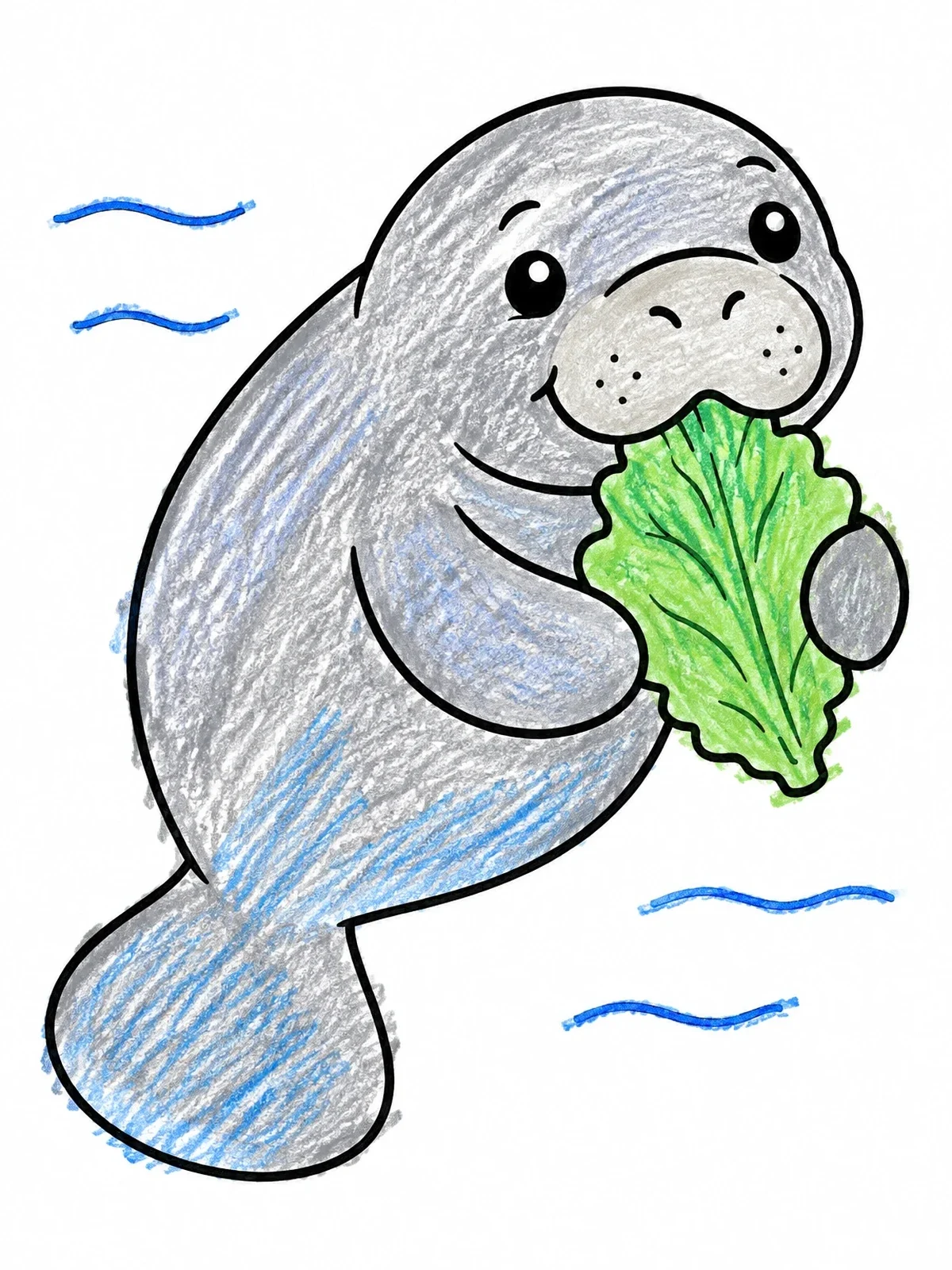 Colored example of the Cute Manatee Eating Lettuce coloring page