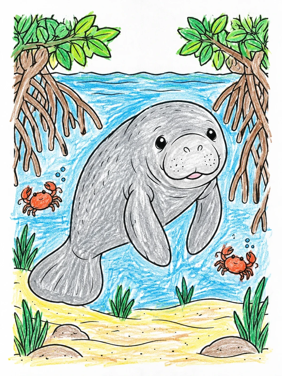 Colored example of the Cute Manatee In Mangrove Waters coloring page