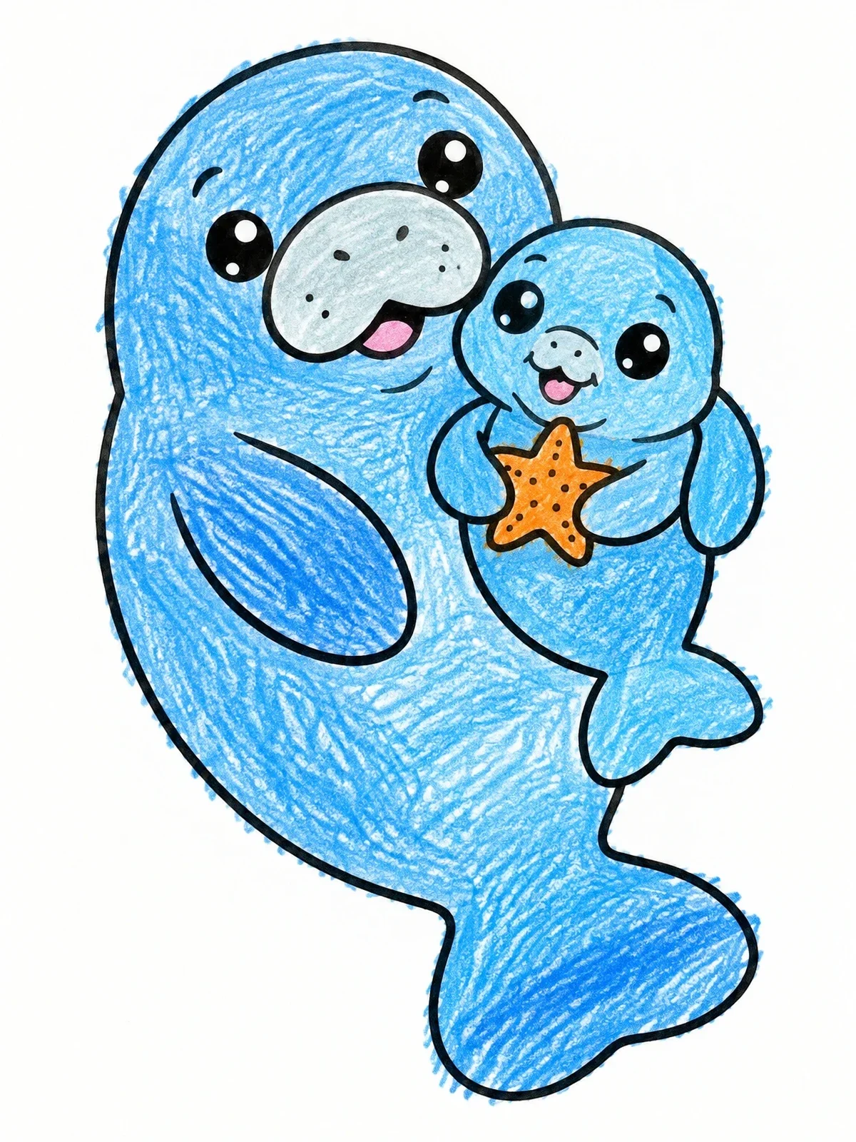 Colored example of the Cute Manatee Mother And Calf coloring page