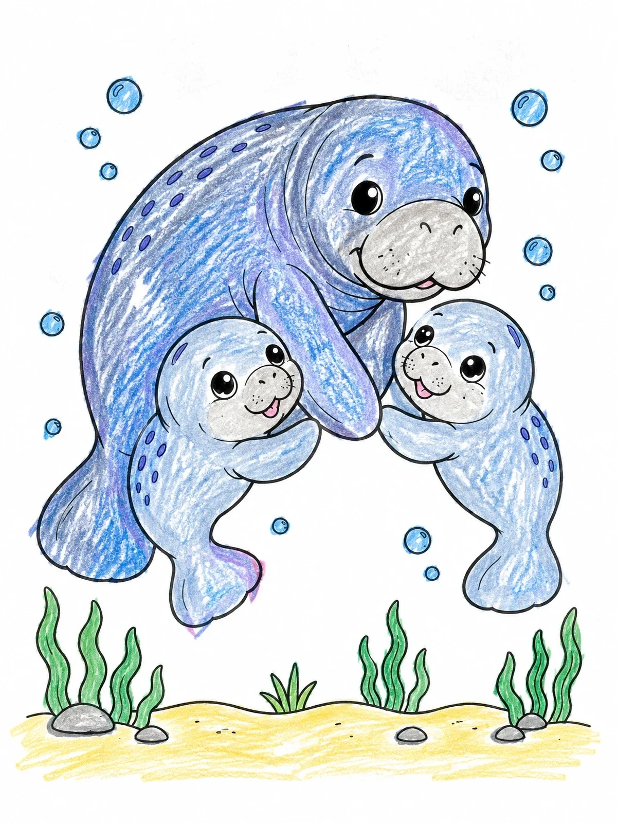 Colored example of the Cute Manatee Mother And Calves coloring page