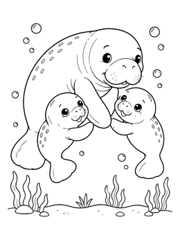 Free printable Cute Manatee Mother And Calves coloring page