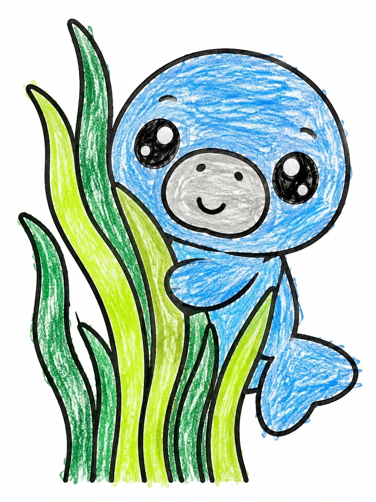 Colored example of the Cute Manatee Peeking Behind Seaweed coloring page