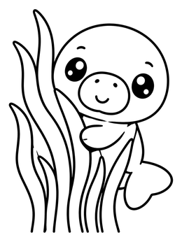 Free printable Cute Manatee Peeking Behind Seaweed coloring page