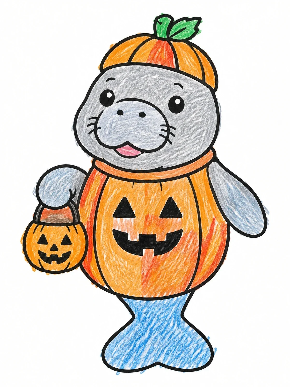 Colored example of the Cute Manatee In Pumpkin Costume coloring page