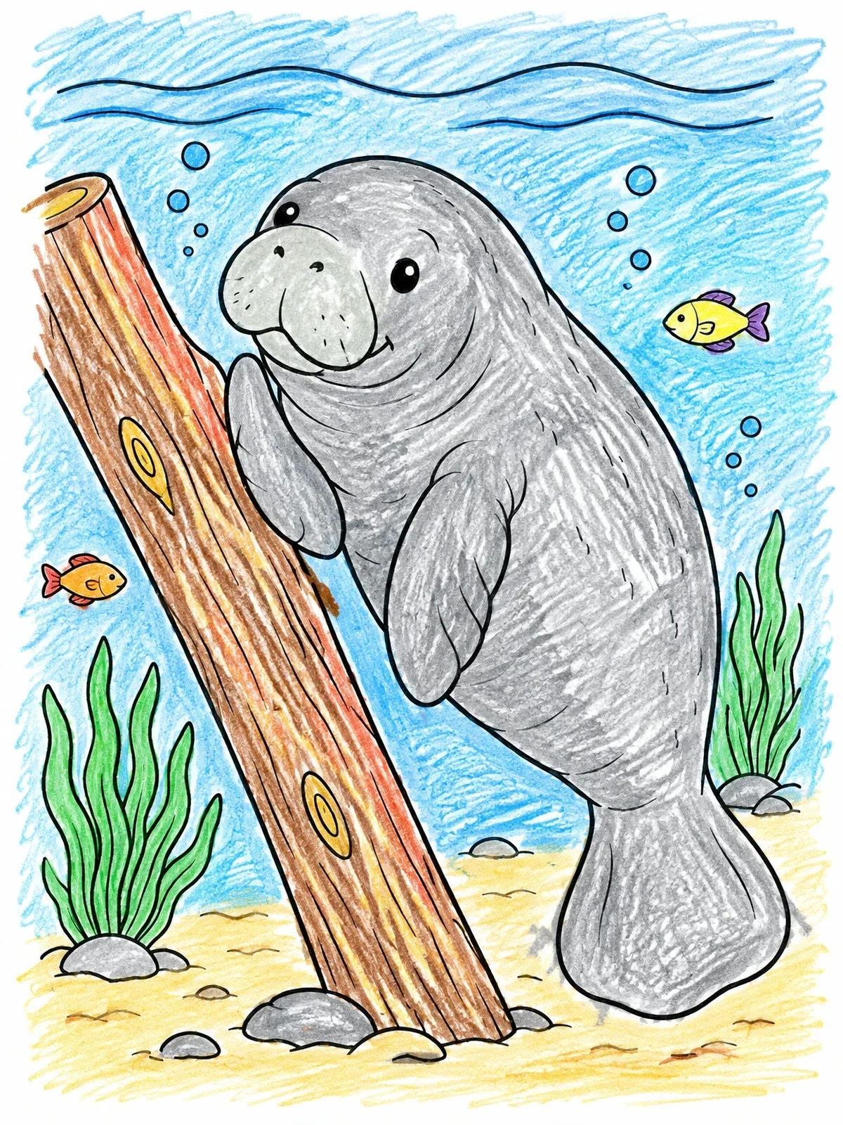 Colored example of the Cute Manatee By A Sunken Log coloring page