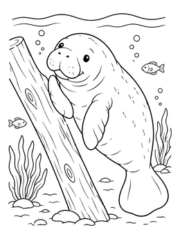 Free printable Cute Manatee By A Sunken Log coloring page