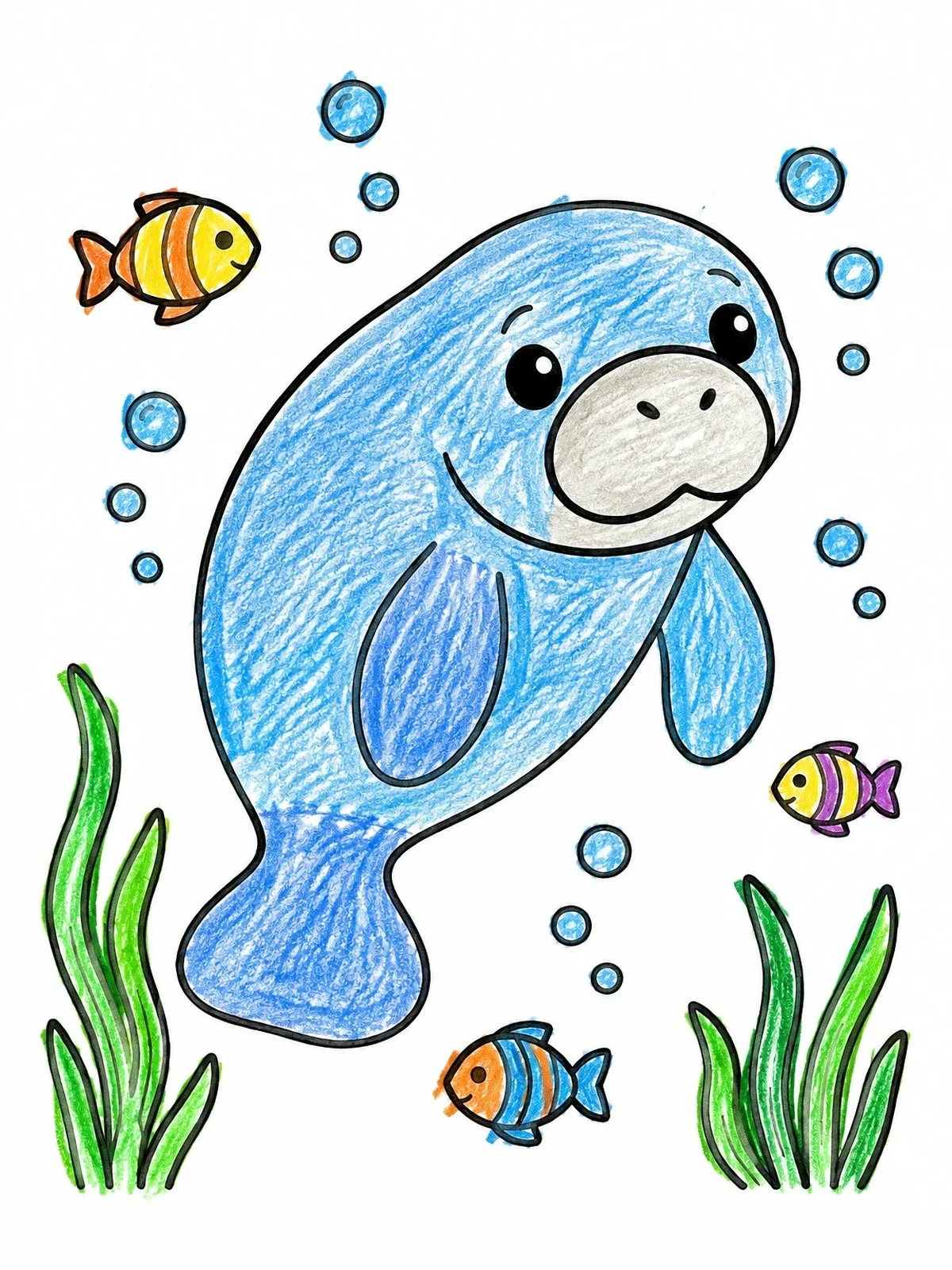 Colored example of the Cute Manatee Swimming Underwater coloring page