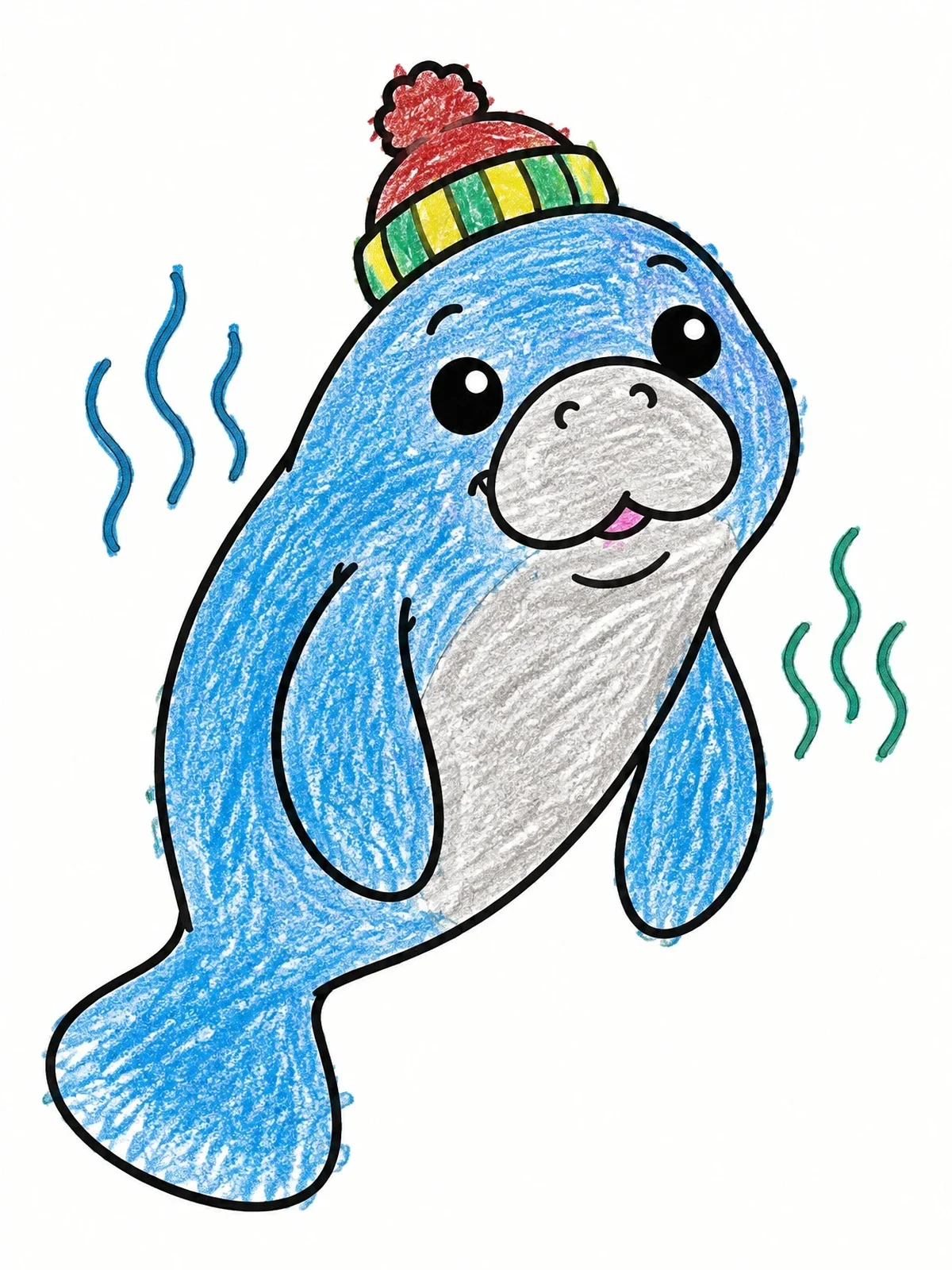 Colored example of the Cute Manatee In Winter Hat coloring page