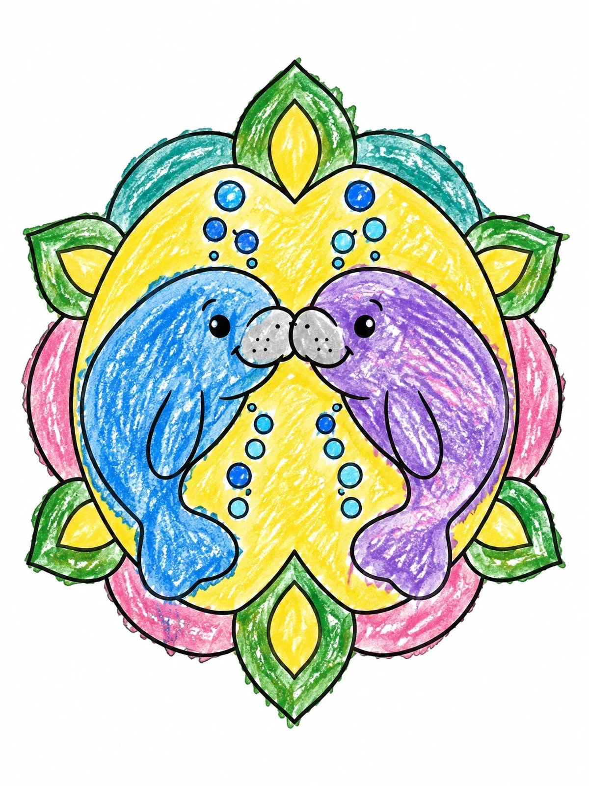Colored example of the Two Manatees Nuzzling In Mandala coloring page