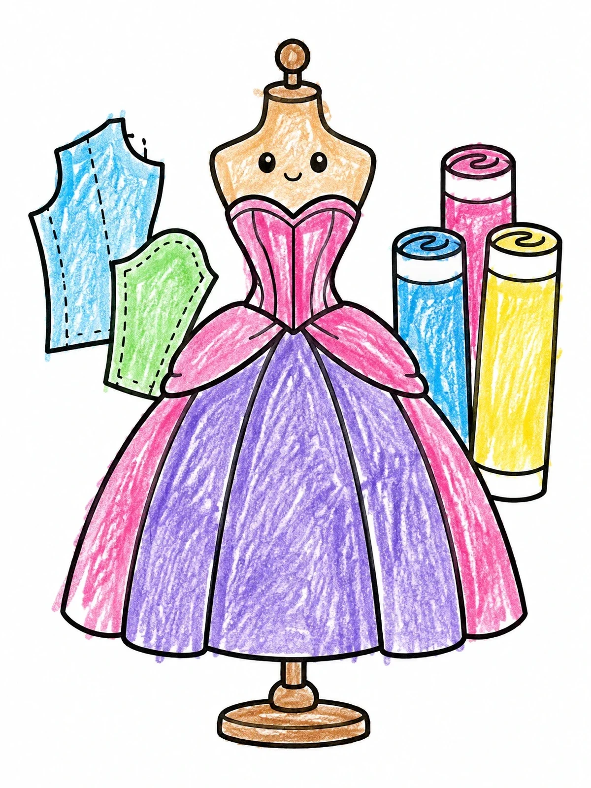 Colored example of the Cute Mannequin In A Ball Gown coloring page