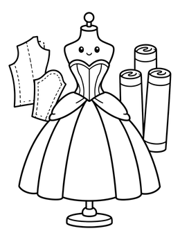 A cute mannequin in this ball gown dress coloring page alongside fabric rolls and paper sewing patterns.