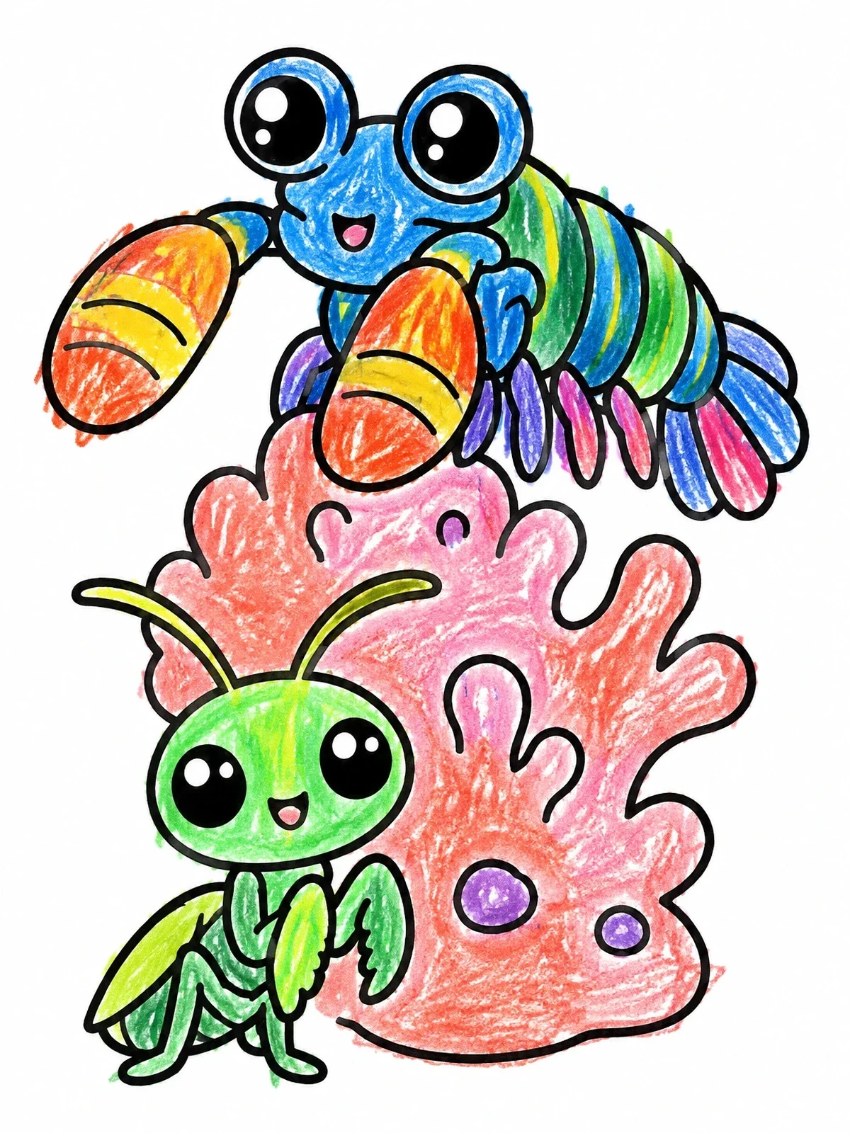 Colored example of the Cute Mantis Shrimp And Praying Mantis coloring page