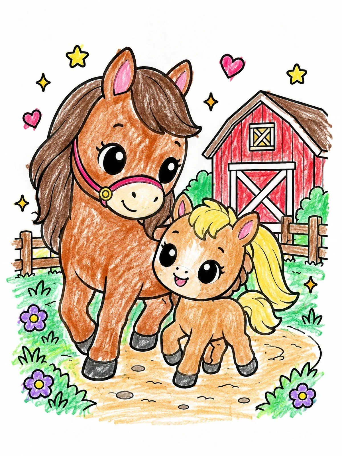 Colored example of the Cute Mare And Foal By The Barn coloring page