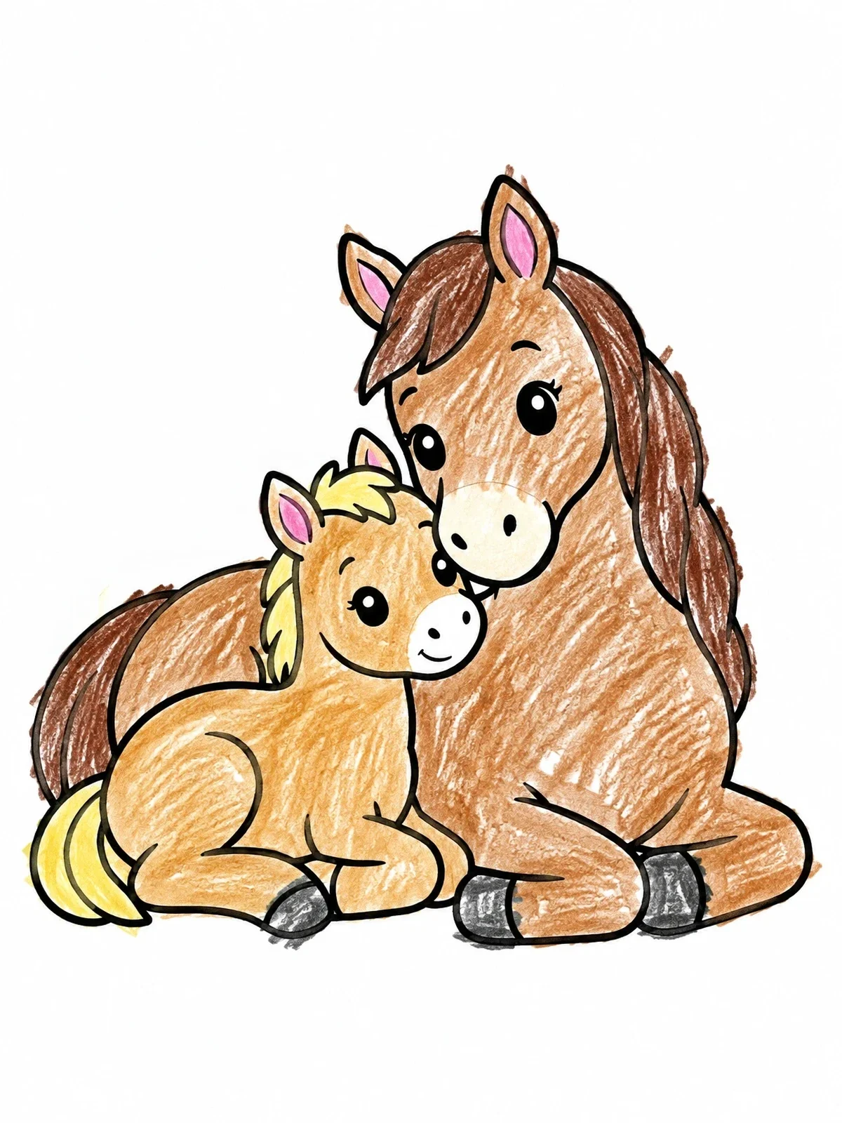 Colored example of the Cute Mare And Foal Resting coloring page