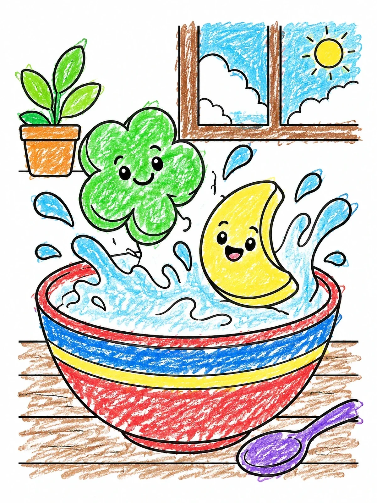 Colored example of the Cute Marshmallows Splashing In Cereal Bowl coloring page