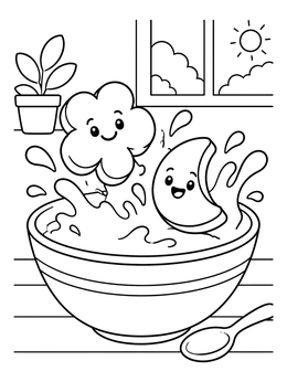 Free printable Cute Marshmallows Splashing In Cereal Bowl coloring page