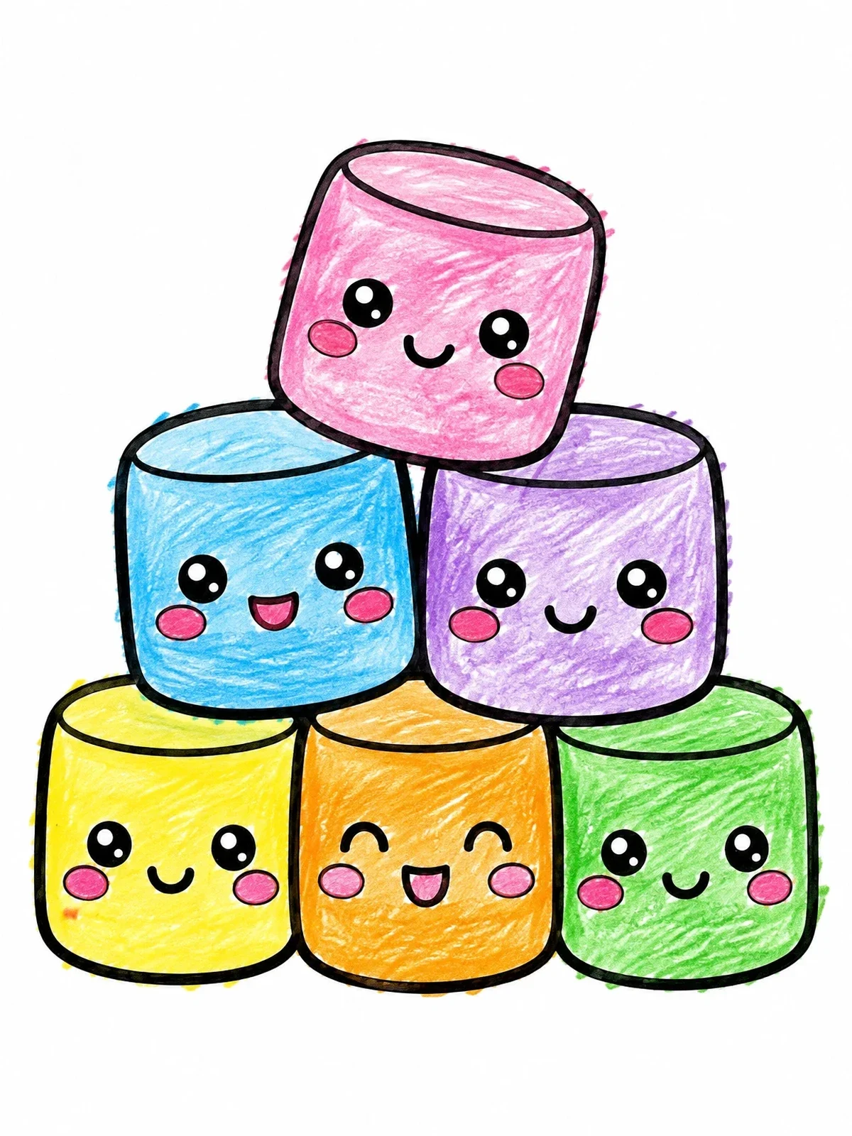 Colored example of the Cute Stack Of Kawaii Marshmallows coloring page