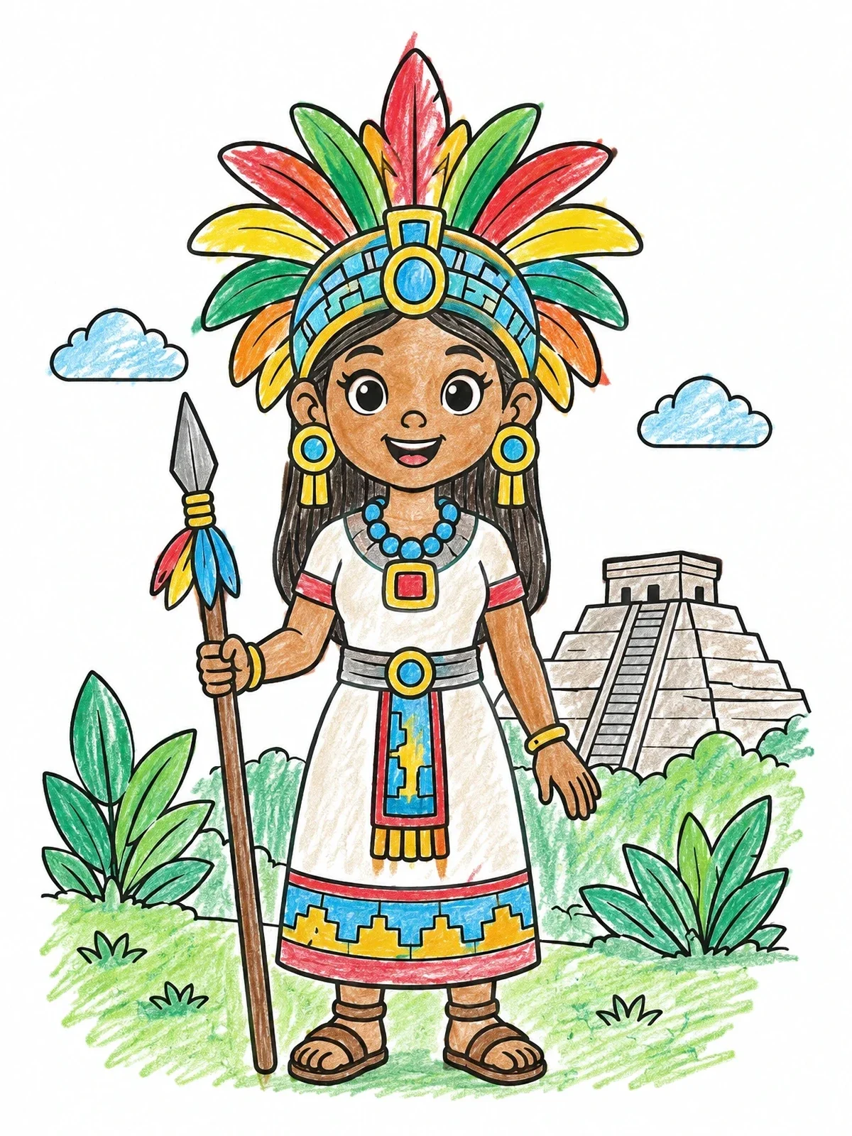 Colored example of the Cute Mayan Girl By The Pyramid coloring page