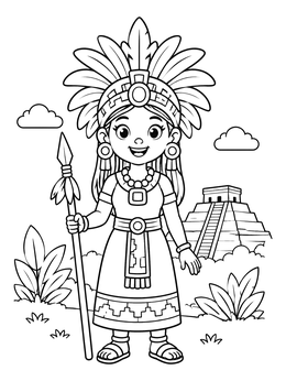 Free printable Cute Mayan Girl By The Pyramid coloring page