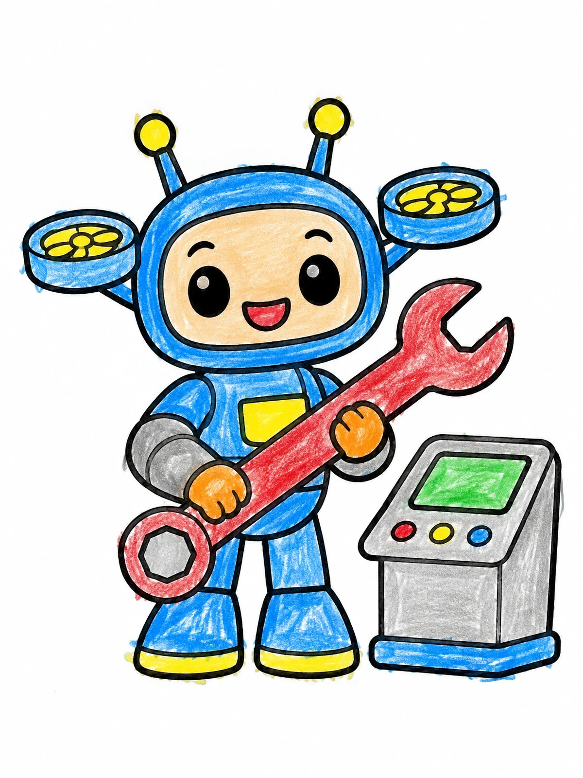 Colored example of the Cute Mechanic Drone With Big Wrench coloring page