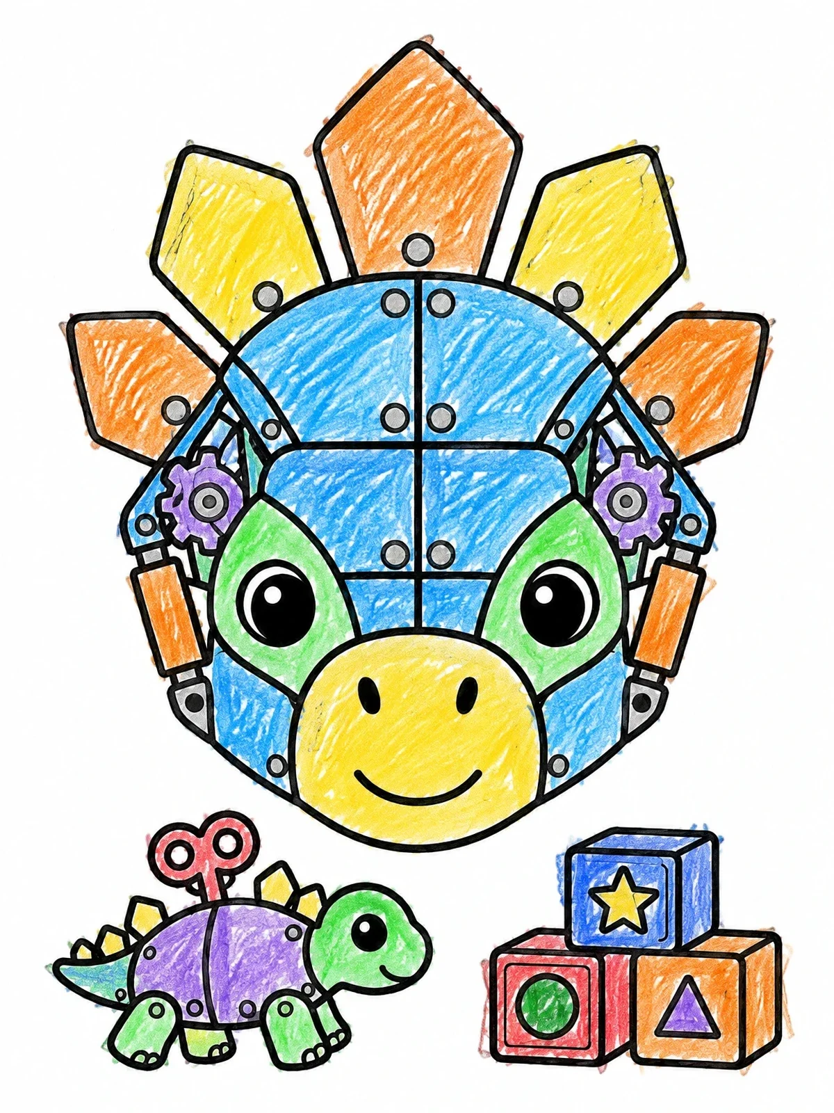 Colored example of the Cute Mechanical Stegosaurus Robot coloring page
