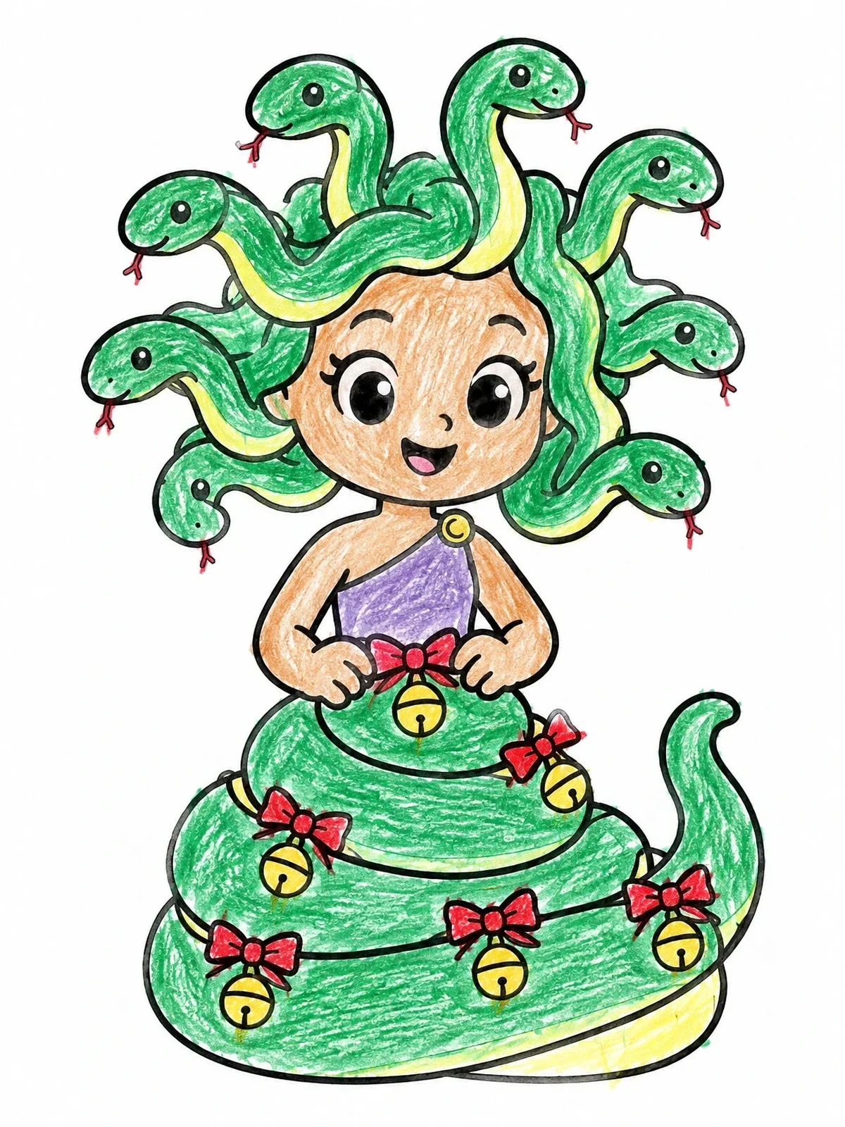 Colored example of the Cute Medusa Decorating With Bells coloring page