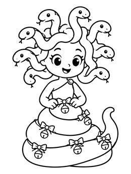 Free printable Cute Medusa Decorating With Bells coloring page