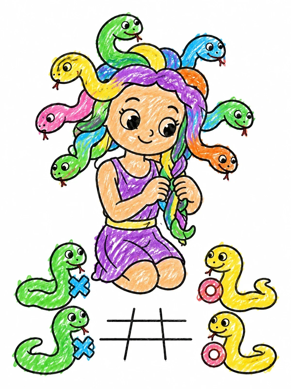 Colored example of the Cute Medusa Braiding Hair coloring page