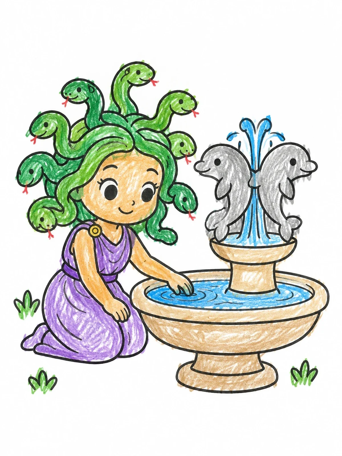 Colored example of the Cute Medusa By Dolphin Fountain coloring page
