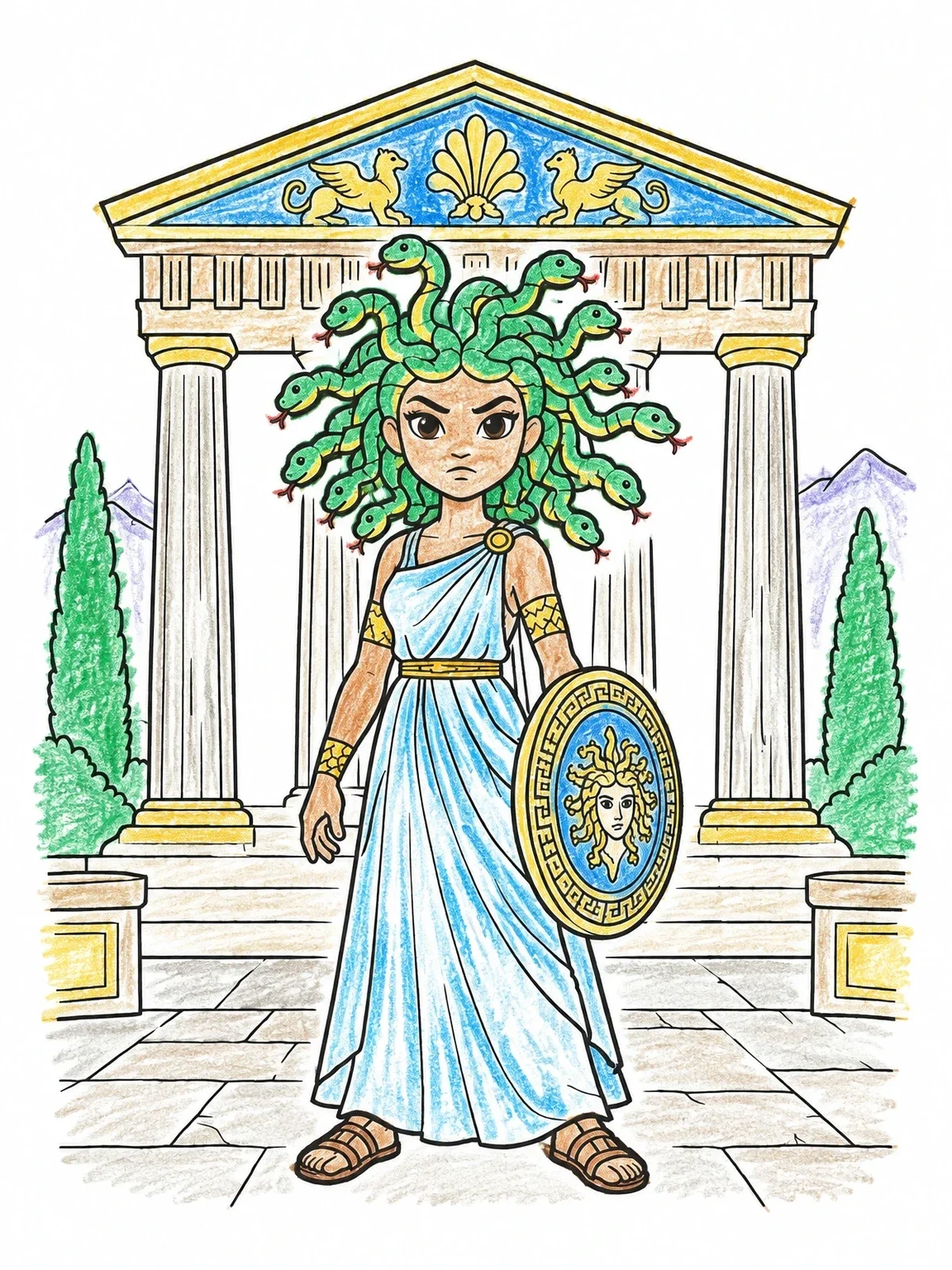 Colored example of the Cute Medusa Before Greek Temple coloring page
